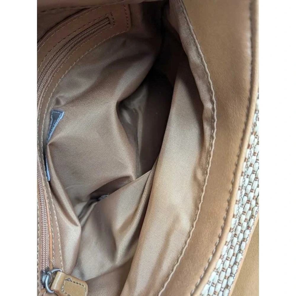 Croft & Barrow Woven Shoulder Bag Tan‎ Brown Leather Trim Everyday Hobo Purse
